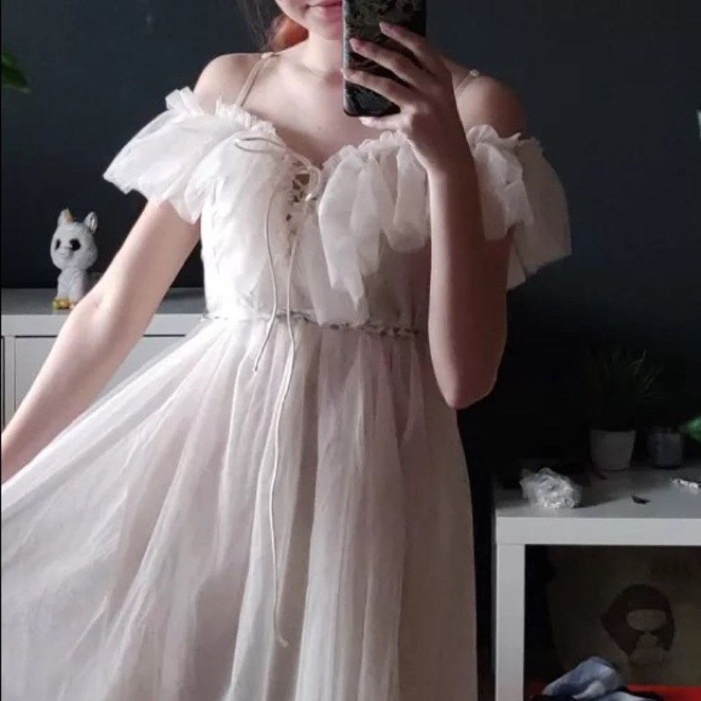 Lace up dress Ruffle off shoulder cream beige  lace fairy princess - Picture 2 of 16